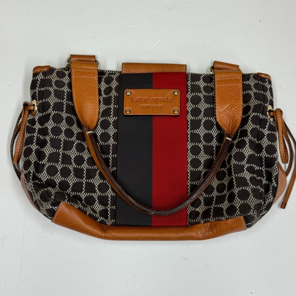 Kate Spade New York Canvas Spade Print Shoulder Bag Tan Leather Racing Stripe